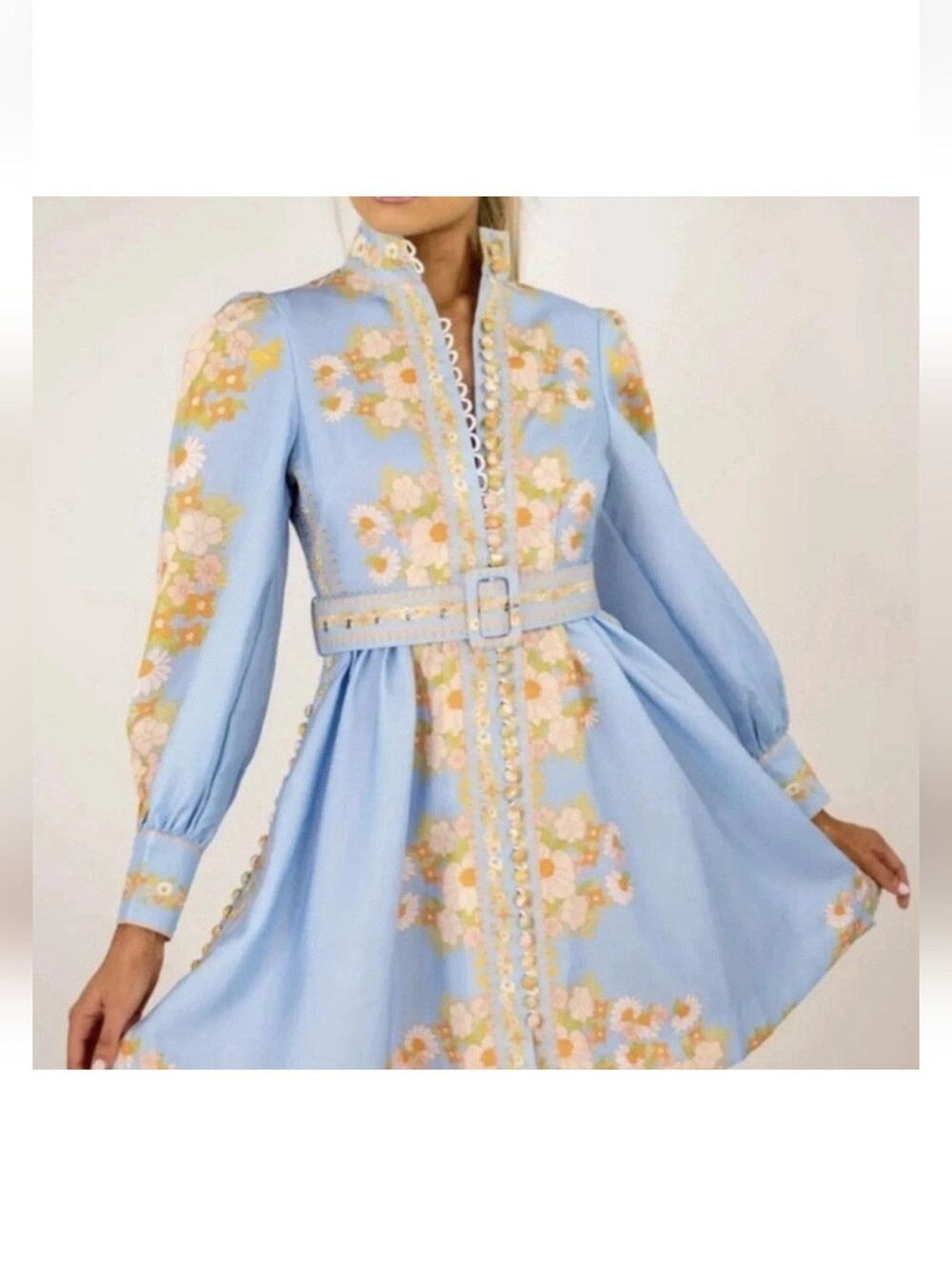 Beulah Light Blue Floral Belted Mini Long-Sleeve Dress Size S Boho Chic 70's